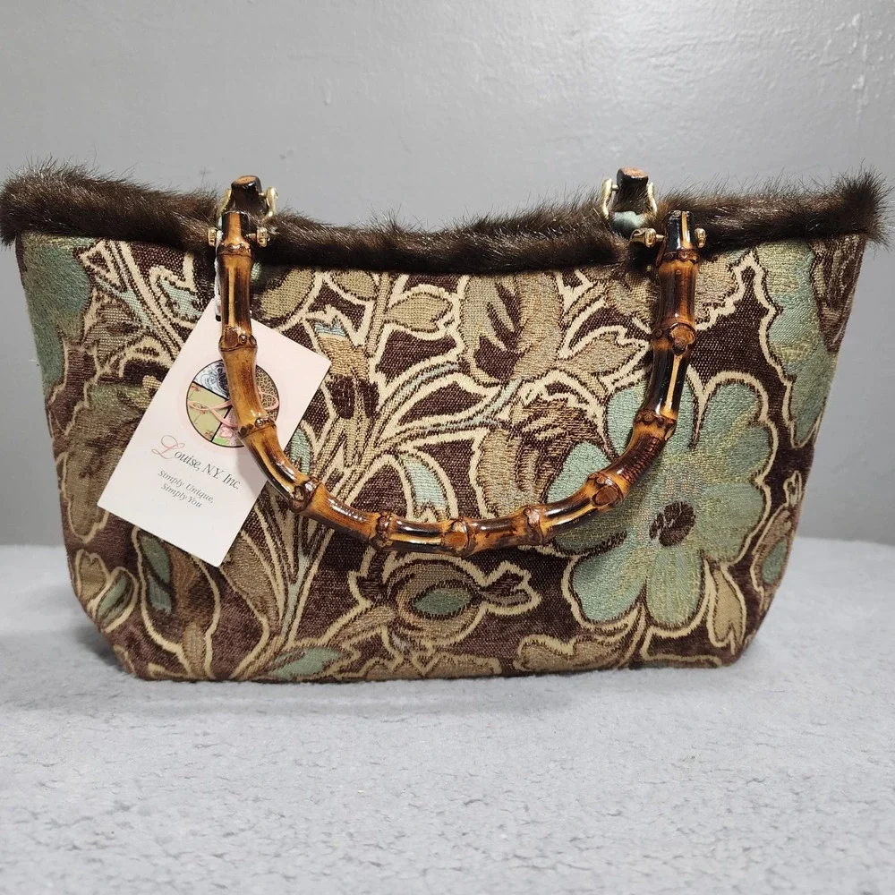 Tapestry Floral Purse Bamboo‎ Handle Brown Faux Fur Louise N.Y. Inc Bag NWT